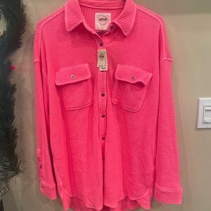 Aerie Bright Pink Waffle Knit Button Down Shirt